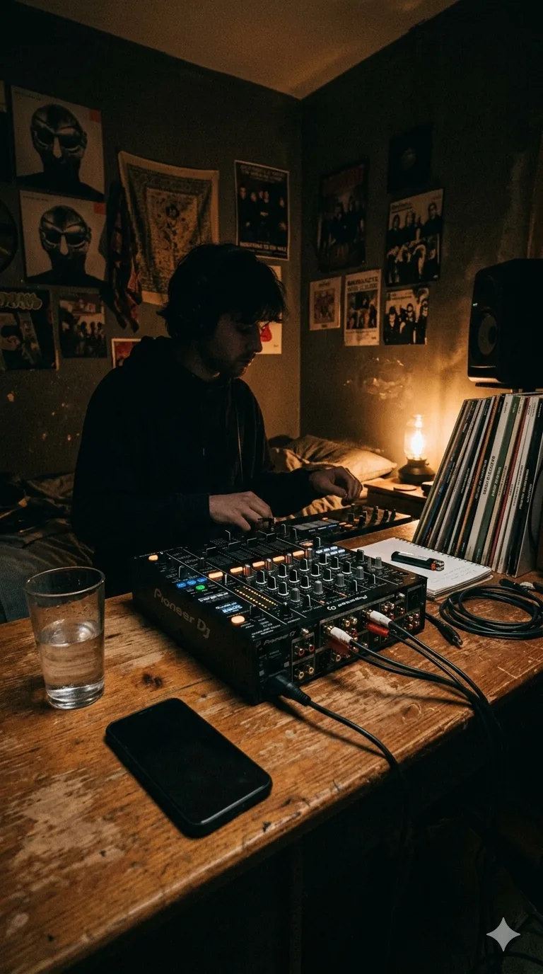 DJ recording a set in a warmly lit home studio